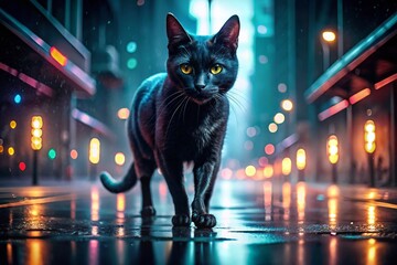 Night Catwalk: Elegant Feline Strolling Under City Lights