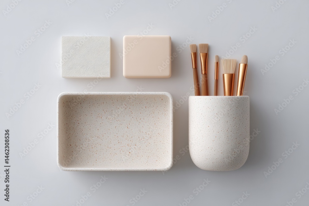 Poster array of minimalistic tools and materials for decoupage arranged with ample copy space