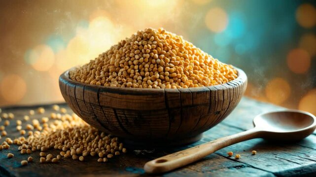 A wooden spoon and a bowl filled with croup