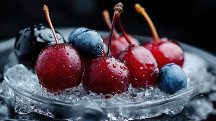Fresh, juicy cherries and blueberries on ice