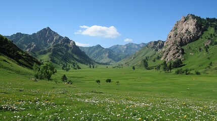 Naklejka premium Lush valley nestled amongst towering mountains
