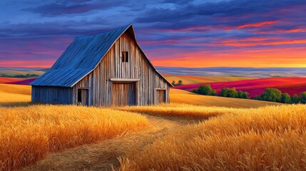 A rustic barn stands in a golden field at sunset, surrounded by vibrant colors