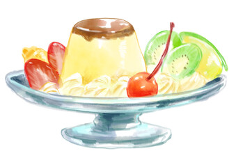 美味しそうな喫茶店のプリンアラモードの手描き水彩イラスト