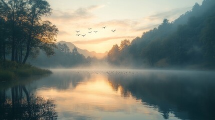 Fototapeta premium A flock of birds flying over a serene lake surrounded by forested hills during golden hour