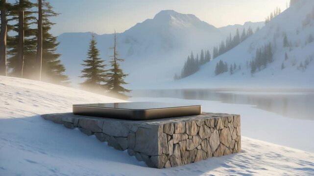 Ai render platform set against a natural winter background, stone podium on the ice snow mountain in daytime for product stand display, advertising, mockup or etc