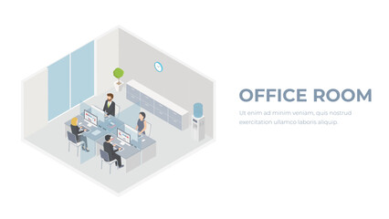 Office room isometric illustration. Office workers on workplace. People in office interior.