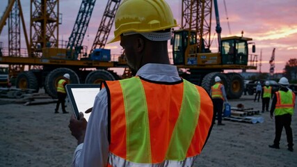 Construction worker in a high-visibility vest and hard hat uses a tablet at a construction site with cranes. Workers and machinery in the background at sunset.