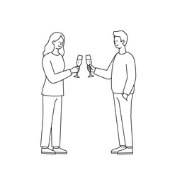 Couple toasting with champagne in a simple line art style  
