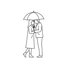 Couple kissing under umbrella in rainy background  