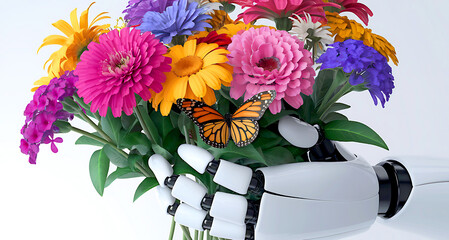White robot hand holding colorful flowers with a butterfly on a petal, set against a white background.