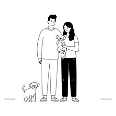 Couple Holding Pet Puppy with Dog in a Simple Line Drawing  