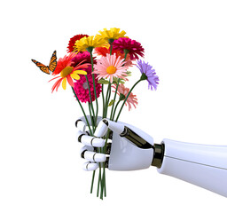 White robot hand holding colorful flowers with a butterfly on a petal, set against a white background.