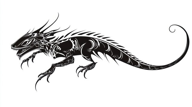 Stylized iguana, leaping, white background, tattoo design