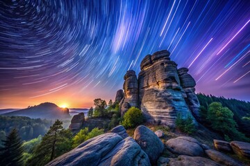 Obraz premium Night Photography: Felszunge Rock Formation, Dramatic Lighting, Starry Sky