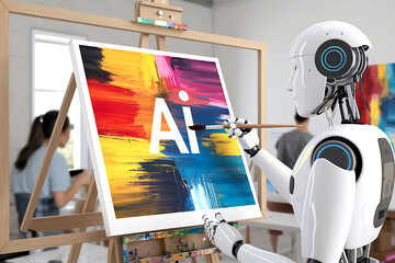 white robot hand brush painting abstract colorful oil painting white canvas wood frame AI alphabet art study room human white background