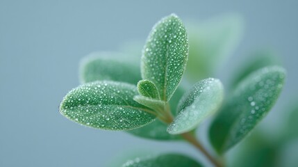 capture minimalistic close-up image of dewy leaf with water droplets emphasizing nature purity