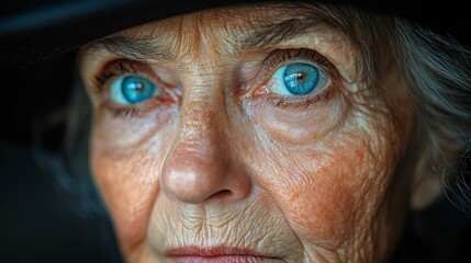 Obraz premium A portrait reveals an elderly woman's intense blue eyes full of stories