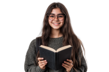 Smiling young college student wearing glasses holding a book for study, isolated on transparent background