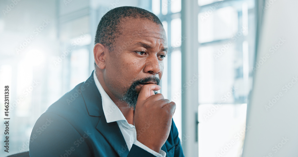 Poster thinking, computer and black man in office with business research, ideas and brainstorming for risk 