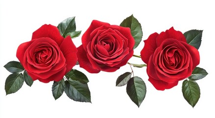 Three Vibrant Red Roses with Green Leaves, Perfect for Celebrations, Romantic Occasions, and Floral Arrangements in a Bright Background