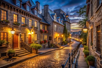 Fototapeta premium Night Photography: Old Quebec City's Historic Charm, Illuminated Streets and Buildings