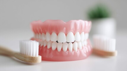 A pristine set of dentures and toothbrushes, emphasizing dental care and clean, healthy teeth.