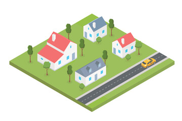 Country village district isometric illustration of a rural area with many buildings and houses, streets, trees and vehicles