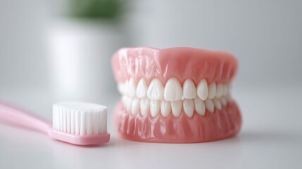 Dental hygiene concept: close-up of dentures and a toothbrush on a white surface.