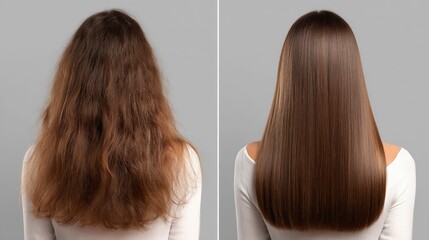A comparison shot of hair before and after straightening treatment for a sleek look.