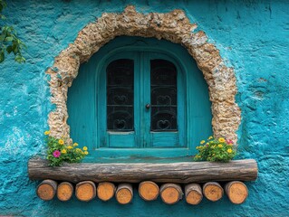 Turquoise wall features rustic window with flower box and arched stone frame. Use as background for travel blog, or design elements with rustic texture.