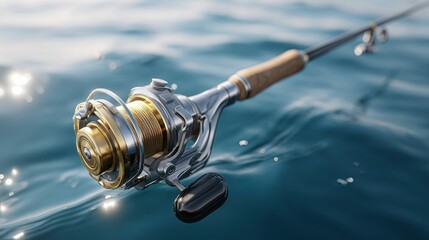 Obraz premium A detailed shot of a fishing reel floating in the calm, blue water, ready for a day.