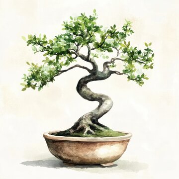 Detailed watercolor painting of a bonsai tree in a pot