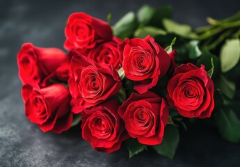 Obraz premium Vibrant Red Roses Arranged Elegantly on Dark Background Perfect for Celebrations, Love, Romance, and Floral Decorations