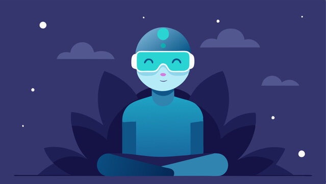 Mindfulness Mode A character in a tranquil setting with smart glasses enveloped in a soft glow illustrating the benefits of mindfulness tracking.