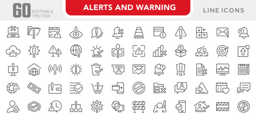 Alerts and Warning line icon set. Alert, caution, danger, error, danger warning, chemical, hazard, protection, natural disasters, rescue services, and emergency line icon set. UI thin line icon pack.