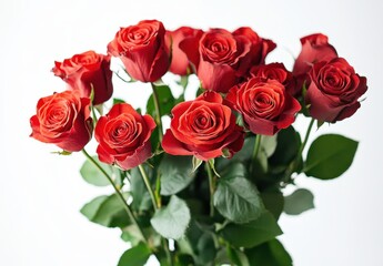 Vibrant Red Roses in Bloom with Fresh Green Leaves on a Bright Background Perfect for Celebrations, Gifts, or Romantic Occasions