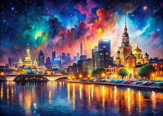 Obraz premium Night Watercolor Landmarks: Global Cityscapes in Vibrant Hues
