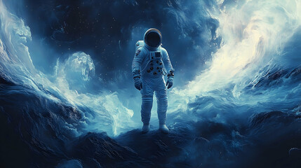 Obraz premium Astronaut stands amidst a surreal cosmic landscape.