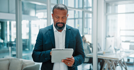 Office, businessman and reading with tablet for financial advisor, corporate website and...