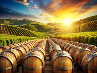 Fototapeta premium Oak Wine Barrels in Winery, Rustic Vineyard Landscape Background