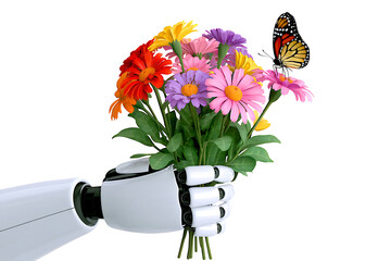 White robot hand holding colorful flowers with a butterfly on a petal, set against a white background.