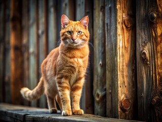 Orange Tabby Cat Posing by Rustic Wooden Fence - Panoramic Stock Photo