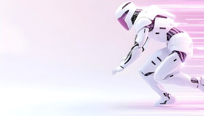 Obraz premium A futuristic white robot in a dynamic, low-to-the-ground pose, streaks across a soft pink and white background, showcasing advanced design and movement