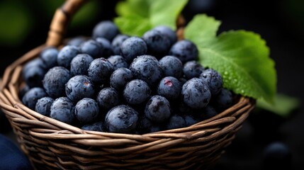 Freshly picked dark grapes in a woven basket
