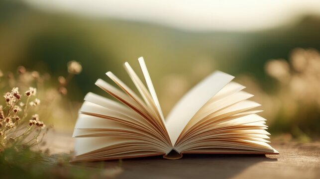 An open book, its pages gently turned, resting on a wooden surface, outdoors in nature.