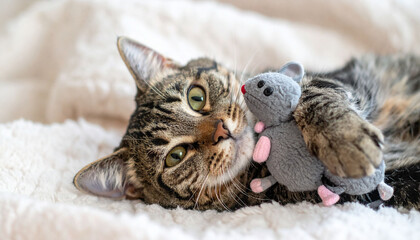 in a close up shot, a feline lies comfortably on its side on a soft, textured, white surface. the animal, with its striped markings, gazes directly at the viewer with bright, captivating eyes