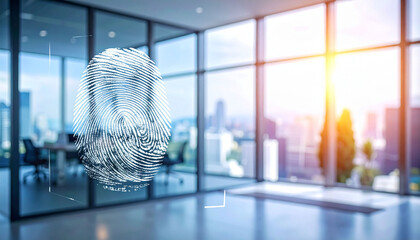the scene takes place inside a modern office space, featuring a large window overlooking a city. a notable element is a prominent fingerprint displayed on the glass partition