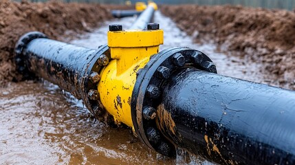 Black oil pipe in the ground with dirty water on a construction site for a new gas line laying and installation of an underground pipeline.
