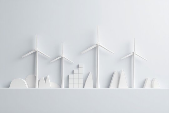 minimalistic depiction of renewable energy symbols like wind turbines or solar panels arranged on clean white background - Powered by Adobe