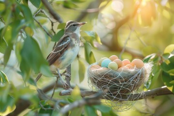 Spring bird with easter eggs in tree nest